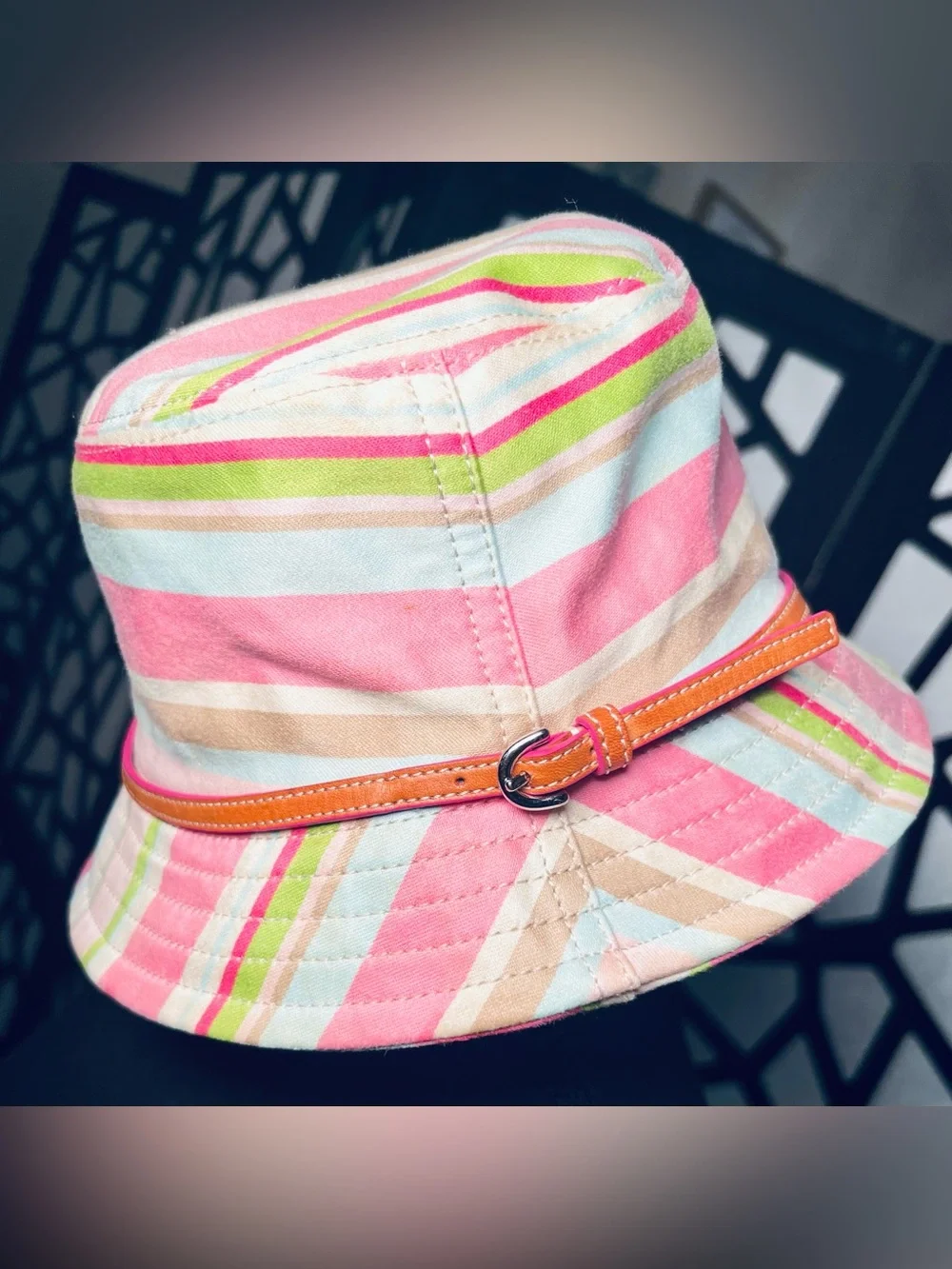 Vintage Coach Soho Pink Multicolor Stripe Canvas Bucket Hat with Leather Buckle